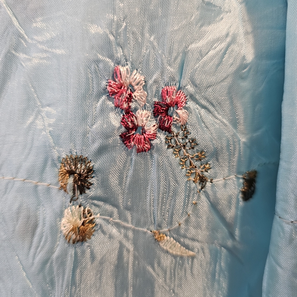 Aqua Blue Scarf/Wrap/Shawl w/ Embroidered Pink Flowers & Green Leaves 62" Long - Picture 9 of 13